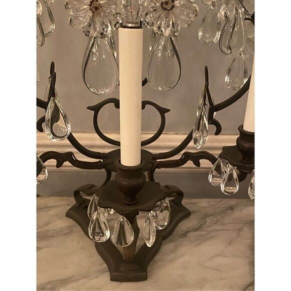 Vintage  French Girandole Wrought Iron Lamp W/Floral Prisms - Picture 5 of 7